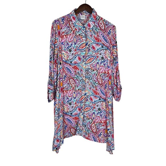 Cupio Tunic Top Womens XL Colorful Multicolor Floral Button Up 3/4‎ Sleeve Shirt - Picture 1 of 11